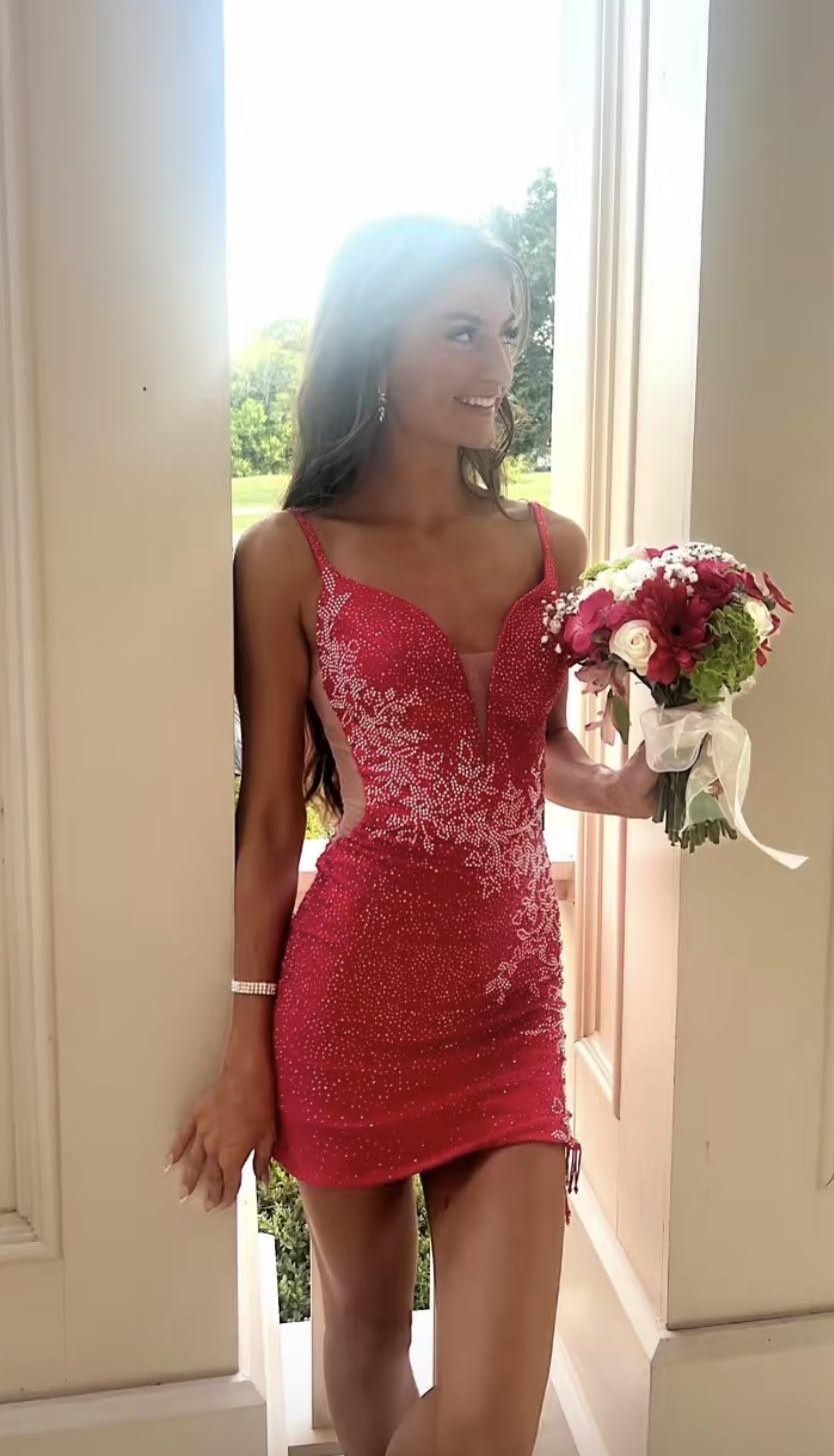 Shiny Rose Red Spaghetti Straps Homecoming Dresses Short Tight Rhinestone Bodycon Mini Birthday Outfits SP3130