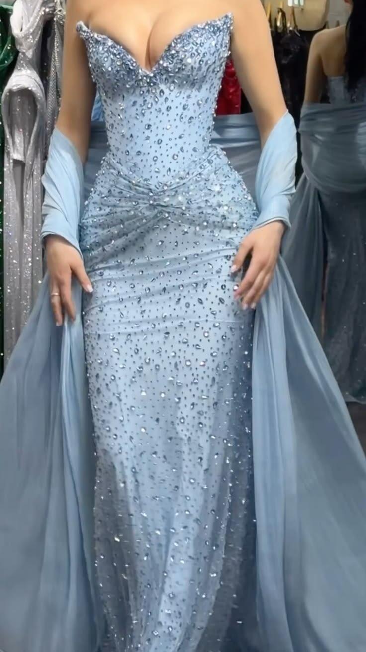Elegant Strapless Blue Tulle Beaded Mermaid Long Prom Dress Party Dress SP3406