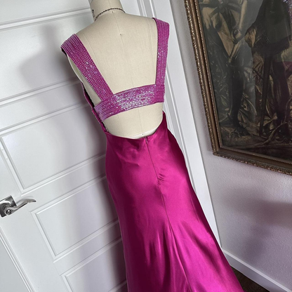 Pretty V Neck Hot Pink Satin Sequin Beaded Long Party Dress Formal Wedding Guest Dress SP996