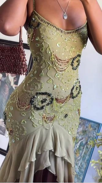 Classy Spaghetti Straps Sage Green Chiffon Beaded Mermaid Long Party Dress Birthday Outfits SP902