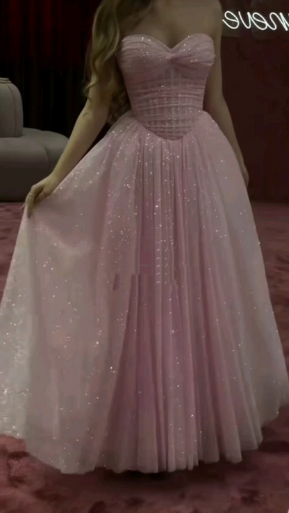 Shiny Sweetheart Neck Tulle Sequin A Line Long Wedding Guest Dress Pink Long Party Dress SP3742