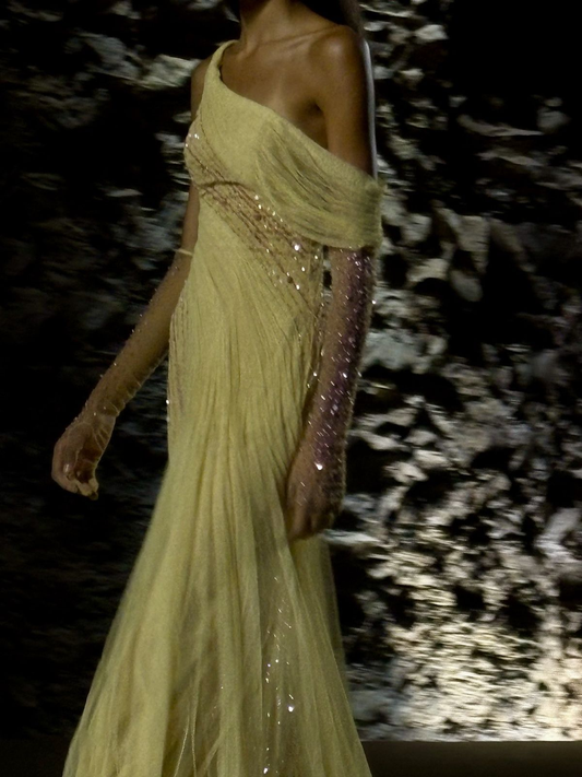 Shiny Yellow Tulle Pleated Sequin Mermaid Prom Dress Long Birthday Party Dress SP1082