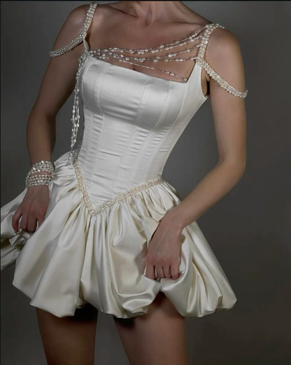 Elegant Ivory A-Line Pearl Satin Homecoming Dress Mini Prom Dress SP3921