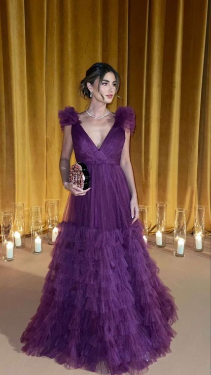 Elegant Purple A-line V Neck Tulle Evening Dress Y5633