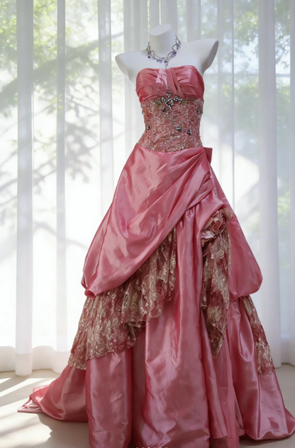 Stunning Pink Strapless Satin Lace Beaded Long Birthday Party Dress Prom Dresses SP1524