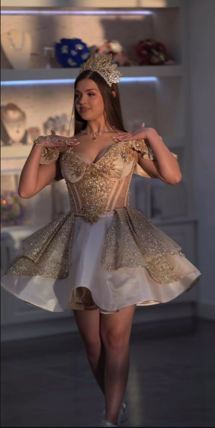 Gorgeous Champagne Gold Satin Tulle Sequin Beaded A Line Short Homecoming Dress,Off The Shoulder Short Prom Dress SP2846