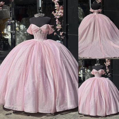 Glitter Off The Shoulder Pink Ball Gown,Pink Sweet 16 Dress,Pink Princess Dress  Y7002