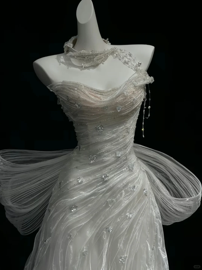 Classy Strapless Tulle Pleated Beaded Mermaid Long Party Dress Prom Dress SP2536
