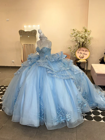 Pretty Strapless Blue Tulle Sequins Appliques Ruffles Tiered Bow Knot Sweet 15 Dress Quinceanera Dress SP571