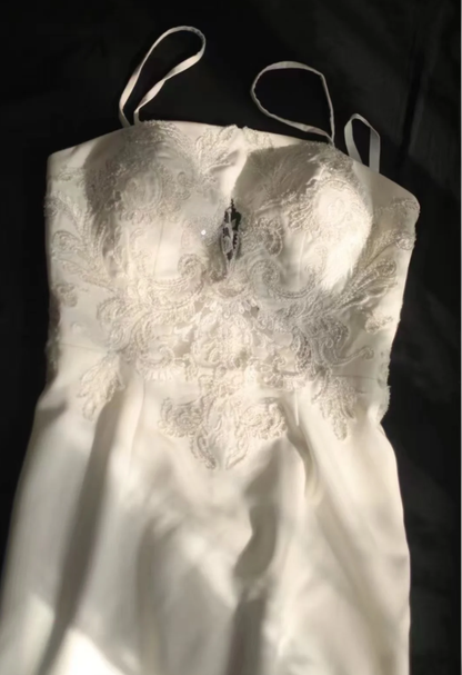 Elegant Spaghetti Straps White Satin Lace Beaded Mermaid Evening Dress Long Wedding Guest Dress SP1213