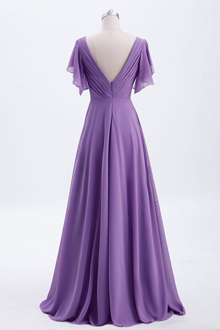 Flutter Sleeves Lavender Chiffon A-line Long Bridesmaid Dress,Simple Prom Dress Y5583