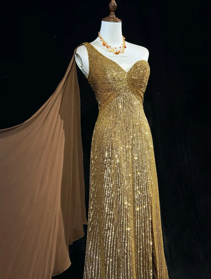 Gorgeous One Shoulder Gold Sequin Beaded Mermaid Long Prom Dress Party Gown SP1857