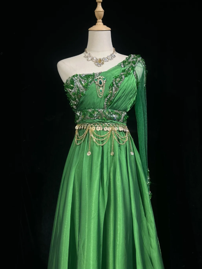 Gorgeous Green One Shoulder Satin Beaded Long Party Dress Birthday Dress SP1859