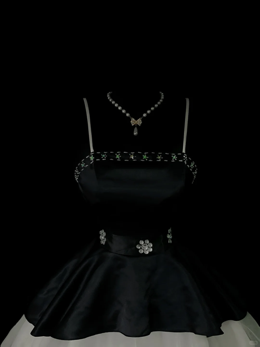 Stylish Spaghetti Straps Satin Tulle Beaded Short Prom Dress,Black Short Graduation Homecoming Dress SP4037