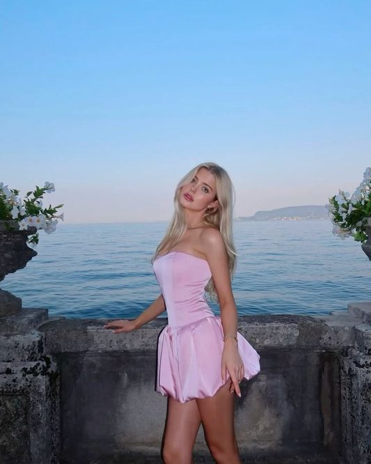 Elegant Strapless Satin A Line Short Prom Dress,Pink Mini Homecoming Dress SP2812