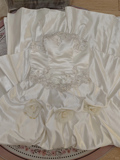 Elegant Ball Gown Spaghetti Straps White Lace Satin Pleated Long Party Dress Evening Dress SP2164