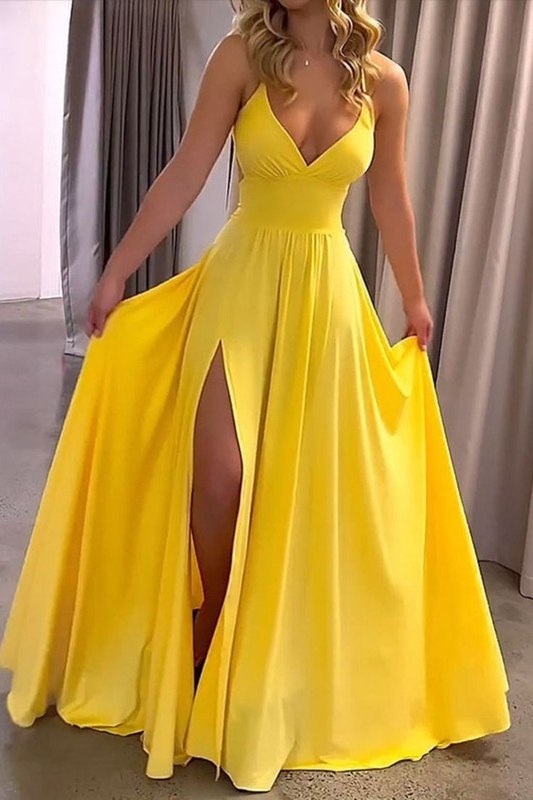 Fashion Ladies Summer Yellow V Neck Lace Up Slits Elegant Prom Dress Y7084