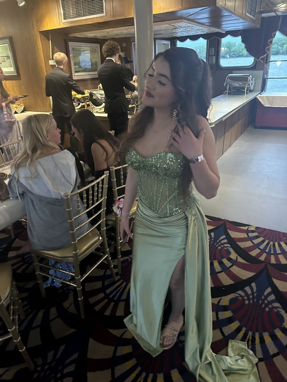 Elegant Sage Green Satin Appliques Beaded Mermaid Slit Long Party Dress Spaghetti Straps Long Wedding Guest Dress SP3721