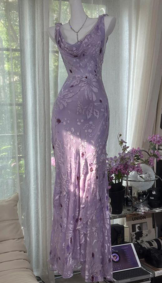 Classy Lavender Chiffon Print Floral Mermaid Long Evening Dress Formal Birthday Party Gown SP1570