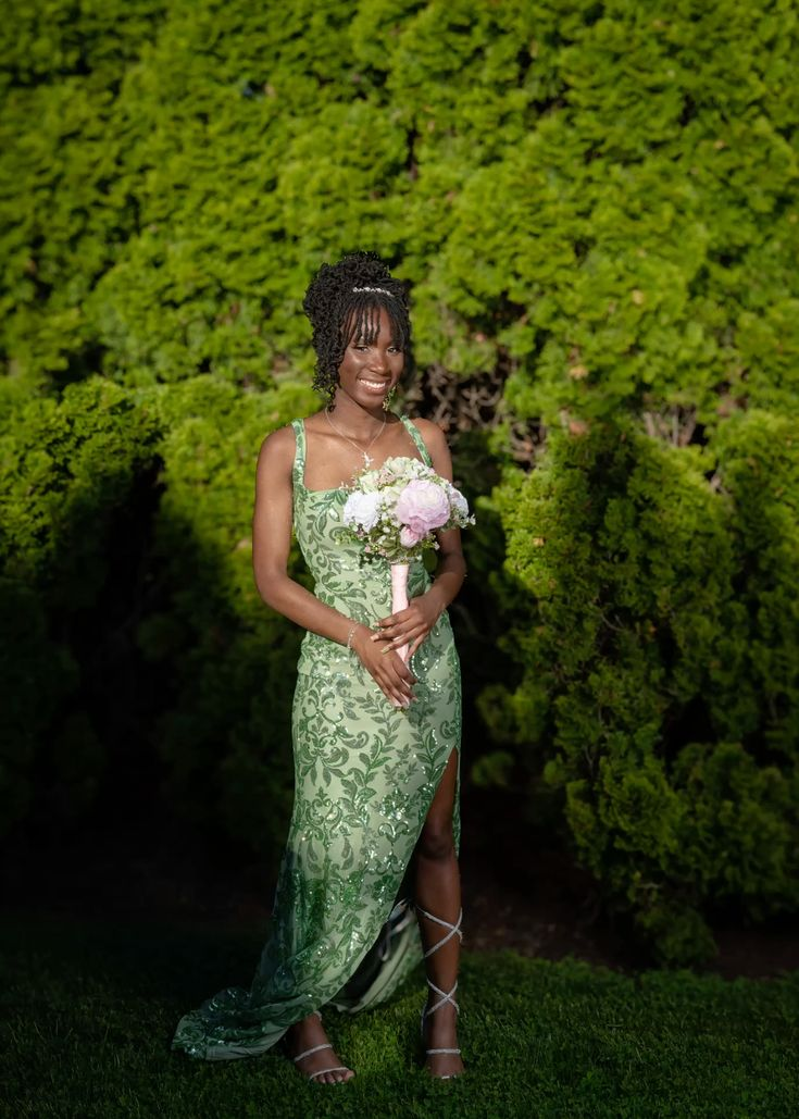 Trendy Spaghetti Straps Green Sequin Mermaid Slit Evening Dress Formal Wedding Guest Dress SP735