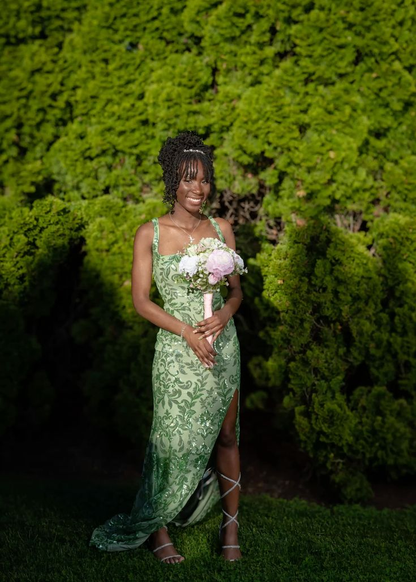 Trendy Spaghetti Straps Green Sequin Mermaid Slit Evening Dress Formal Wedding Guest Dress SP735