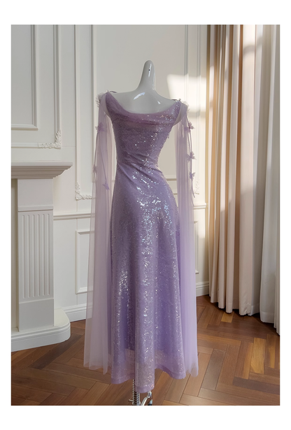 Sparkling Spaghetti Straps Purple Sequin Tulle Evening Dress Birthday Party Dress Y9027