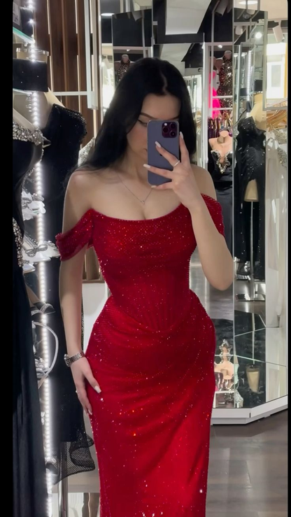 Sparkly Off The Shoulder Red Sequin Slit Mermaid Long Party Dress Prom Gowns SP2166