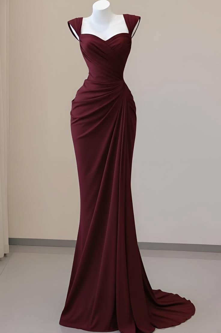 Sexy Burgundy Satin Pleated Mermaid Long Party Dress Formal Wedding Guest Dress SP2204