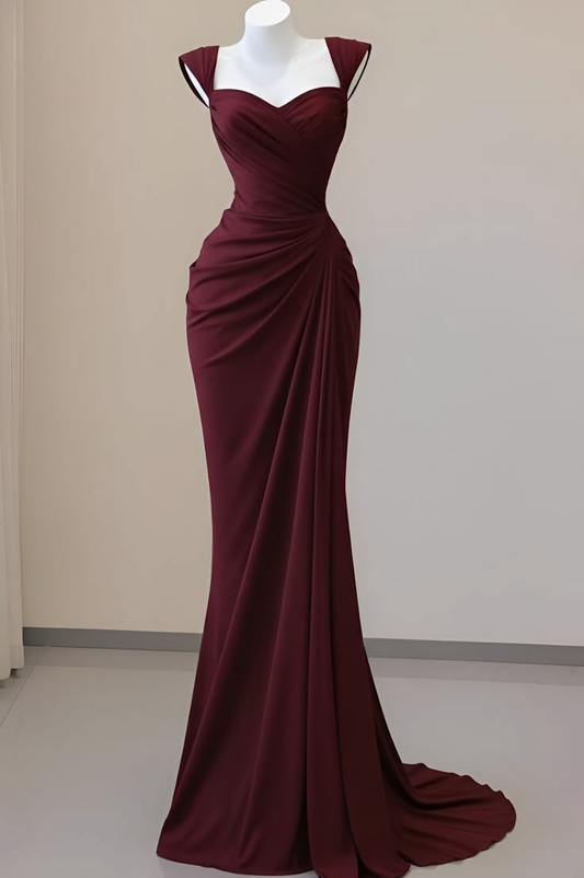 Sexy Burgundy Satin Pleated Mermaid Long Party Dress Formal Wedding Guest Dress SP2204