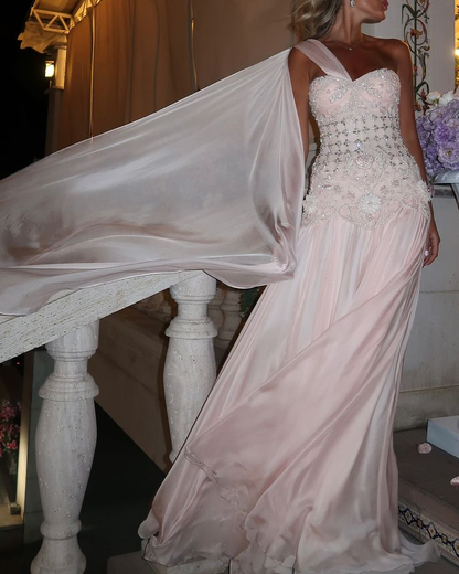 Glamorous One Shoulder Pink Chiffon Pleated Beaded Mermaid Party Dress Prom Dress SP446