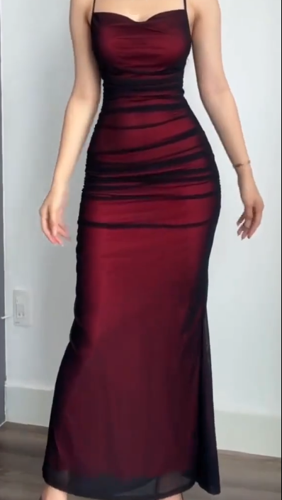 Vintage Burgundy Spaghetti Straps Chiffon Mermaid Evening Dress Formal Wedding Guest Dress SP555