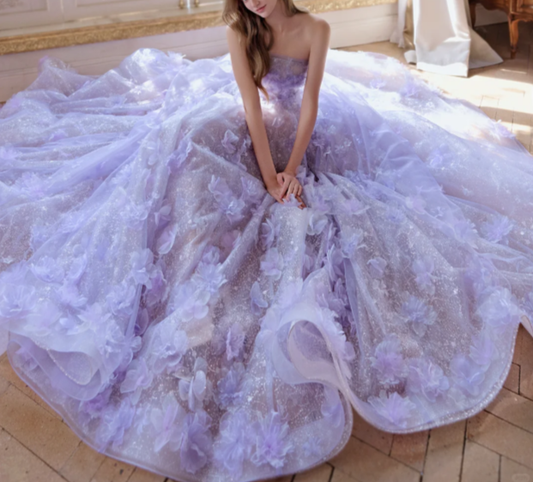Charming Lavender Tulle Sequin Appliques Ball Gown Princess Long Party Dress Birthday Prom Gown SP2094