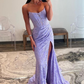 Lavender Strapless Lace Ruched Mermaid Prom Dress with Slit Y6709