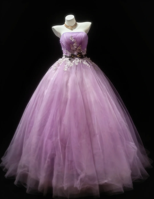 Fairy Strapless Lavender Tulle Appliques Long Birthday Prom Gown Party Dress SP1589