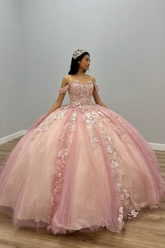 Off The Shoulder Pink Tulle Appliques Ball Gown Quinceanera Dress Y5882
