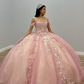 Off The Shoulder Pink Tulle Appliques Ball Gown Quinceanera Dress Y5882