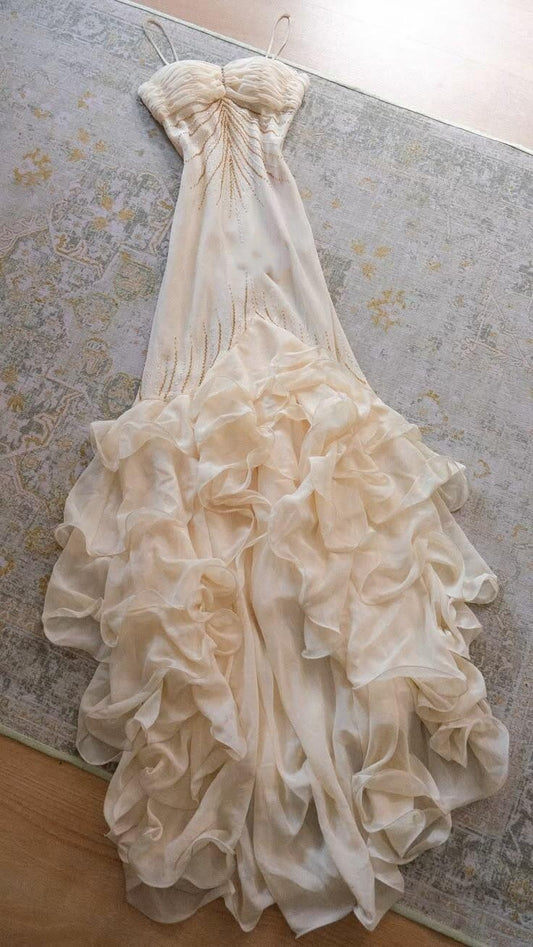 Elegant Spaghetti Straps Beaded Chiffon Ruffles Mermaid Long Party Dress SP2704