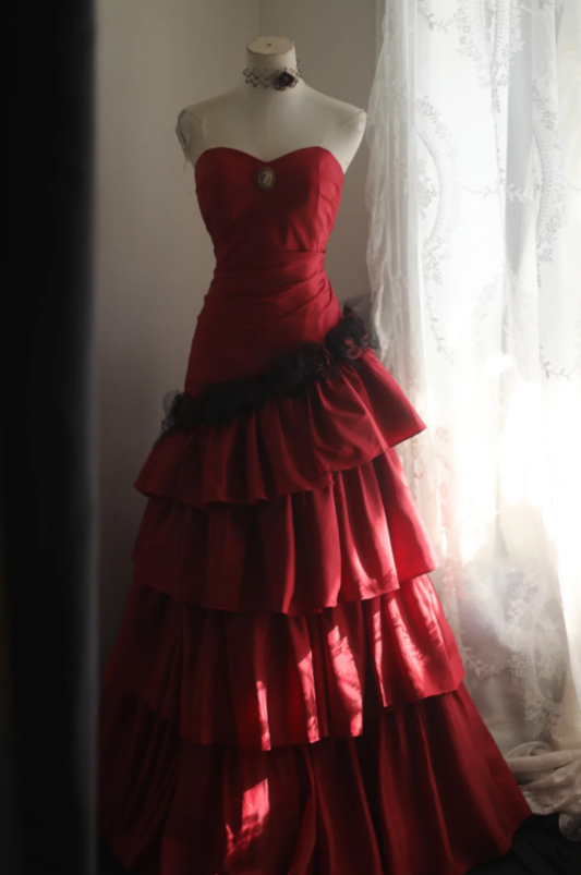 Vintage Red Strapless Satin Layered Mermaid Long Prom Dresses Evening Dress SP1174