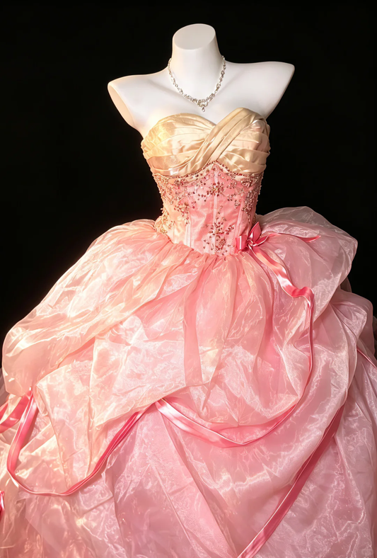 Barbie Style Pink Strapless Princess Ball Gown Shiny Organza Skirt Crystal Embellished Bodice Satin Formal Quinceanera Dress SP2736