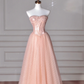 Pretty Peach Pink Strapless Sequins Tulle A Line Long Prom Dress Evening Dress Y8645