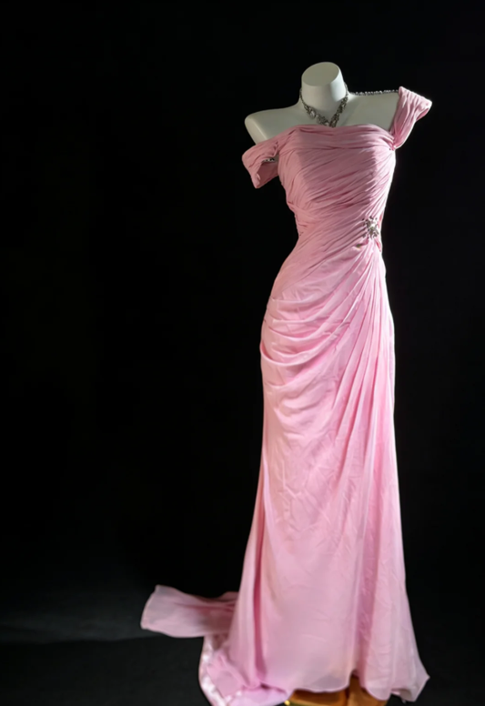 Elegant Pink Chiffon Pleated Mermaid Long Wedding Guest dress Formal Birthday Party Gowns With Beads SP1582