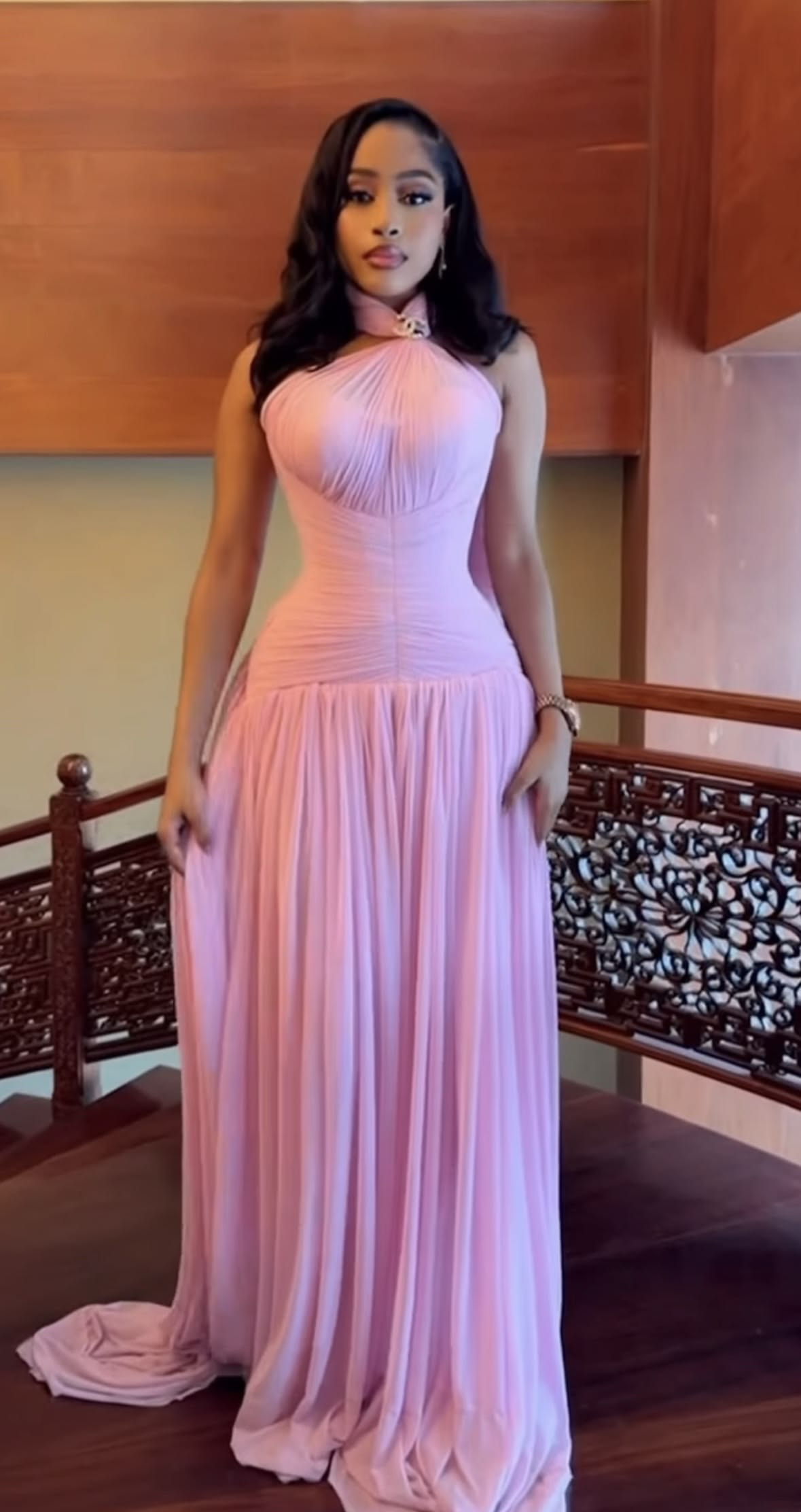 Sexy Halter Chiffon A Line Party Dress Pink Long Birthday Dress SP4282