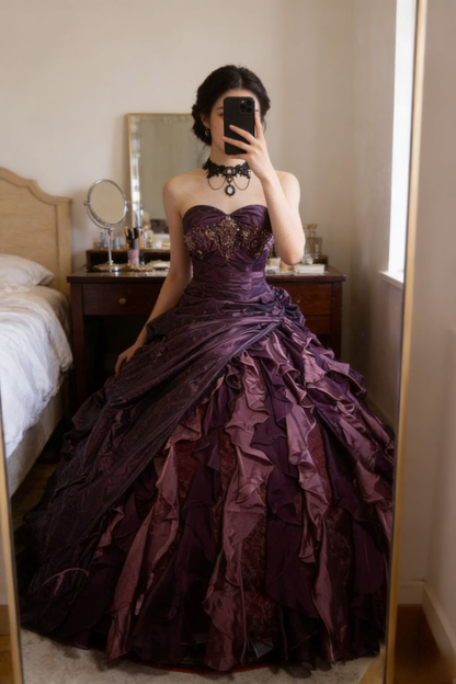 Vintage Sweetheart Neck Tulle Satin Pleated Ball Gown Purple Formal Birthday Quinceanera Dress SP1361