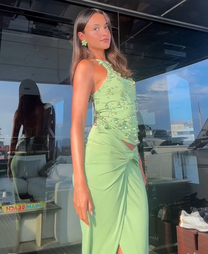 Sexy Sleeveless Green Satin Beaded Evening Dress Prom Dress Two Piece SP705