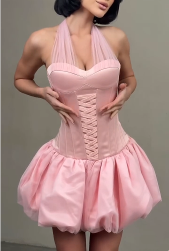 Sweet Halter Pink Satin Tulle A Line Short 19th Birthday Outfits,Mini Homecoming Dress SP3220