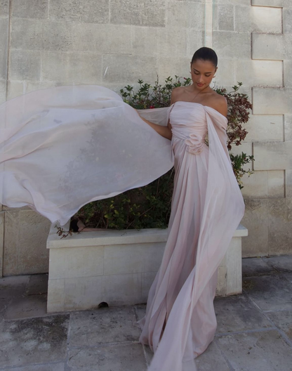 Classy Pink Off The Shoulder Chiffon Long Party Dress Formal Bridesmaid Dress SP1075