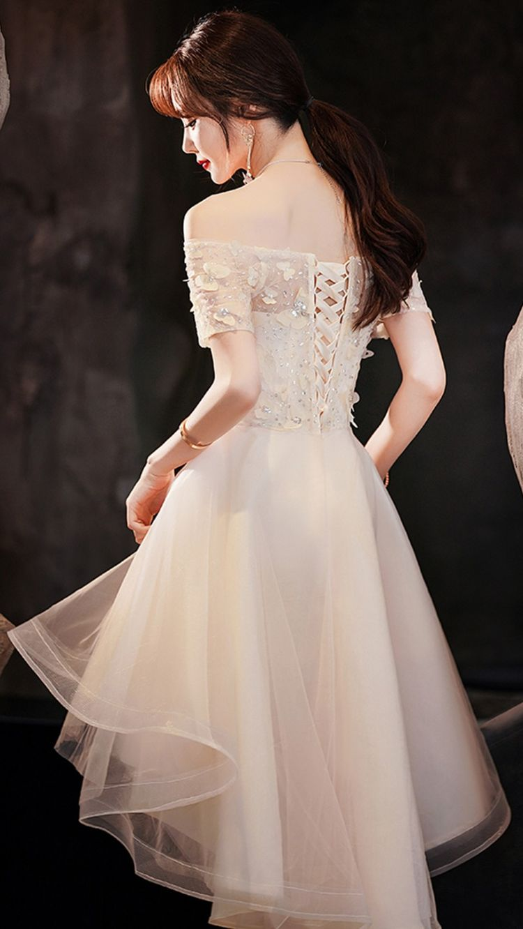 Champagne tulle high low prom dress champagne formal dress Y1937