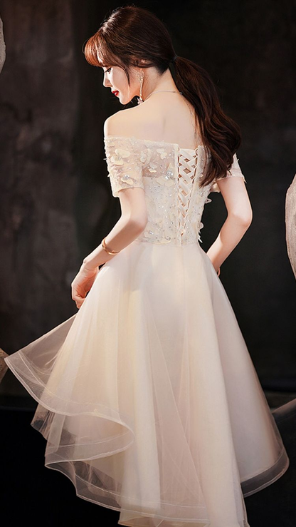 Champagne tulle high low prom dress champagne formal dress Y1937