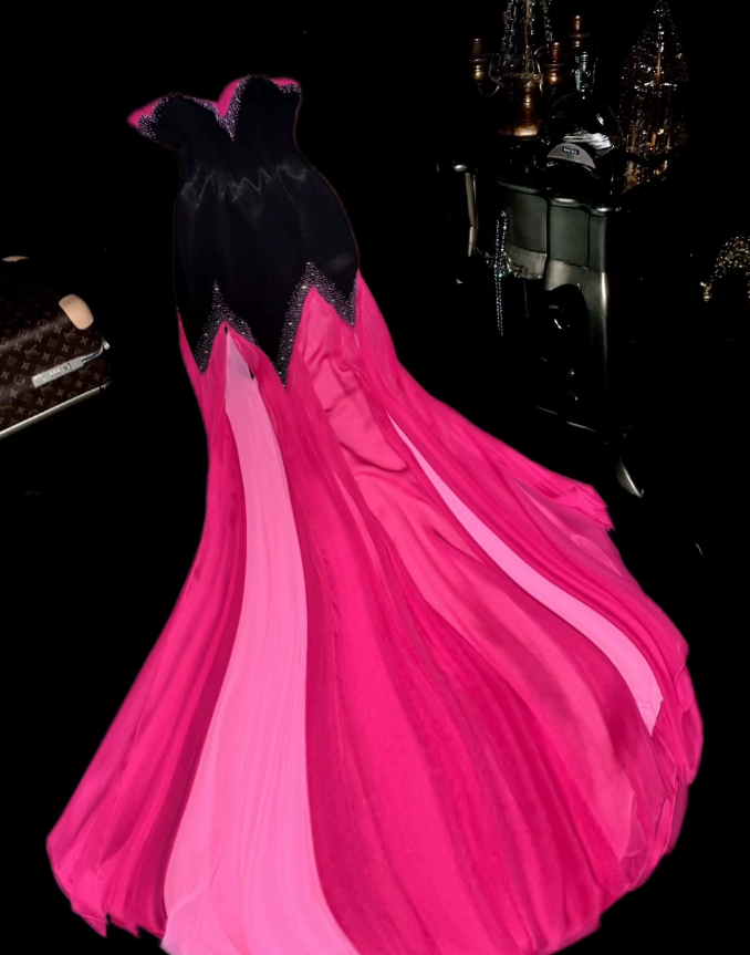 Cute Hot Pink Strapless Tulle beaded Mermaid Prom Dress Long Party Dress SP721