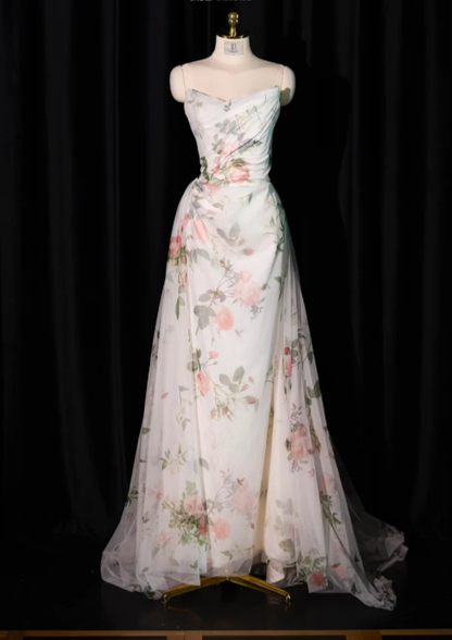 Elegant Strapless White Chiffon Printed Floral Long Prom Dress Birthday Evening Dresses SP2235